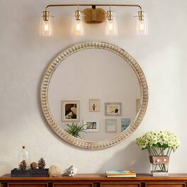 BreeBe - 23.62 in Round Decorative Wall Mirror Distressed Wood Beaded Frame for Entryway Living Room Bathroom Farmhouse Style - Natural Wood