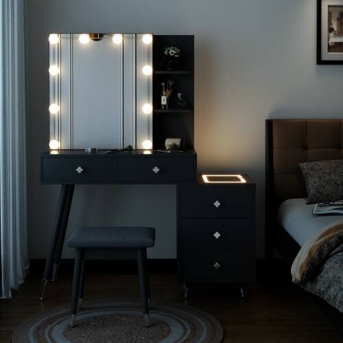 Alt View 7. Winado - Vanity Table Stool Set with 10 LED Lighted Mirror Dressing, 5 Drawers,  LED Nightstand, Makeup Dressing Table - Black.