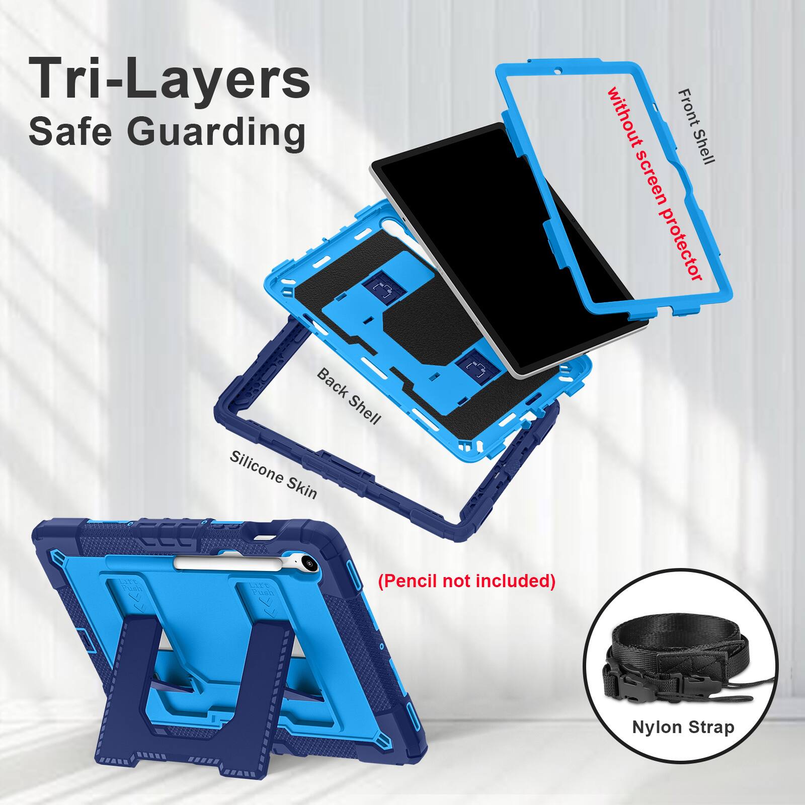 Tri-Layers Safe Guarding without Front Shell screen protector Back Shell Silicone Skin EEC - -o - Puen (Pencil not included) Nylon Strap