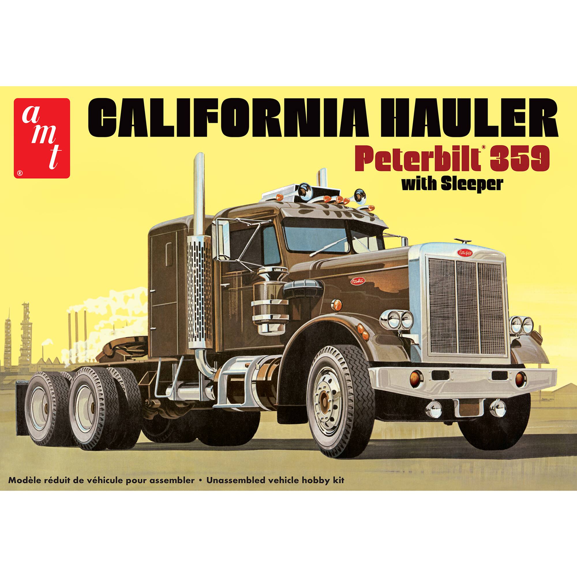 A California Hauler Peterbilt 359 with Sleeper is depicted in the image. The truck is a tree-themed model and is an unassembled vehicle hobby kit.