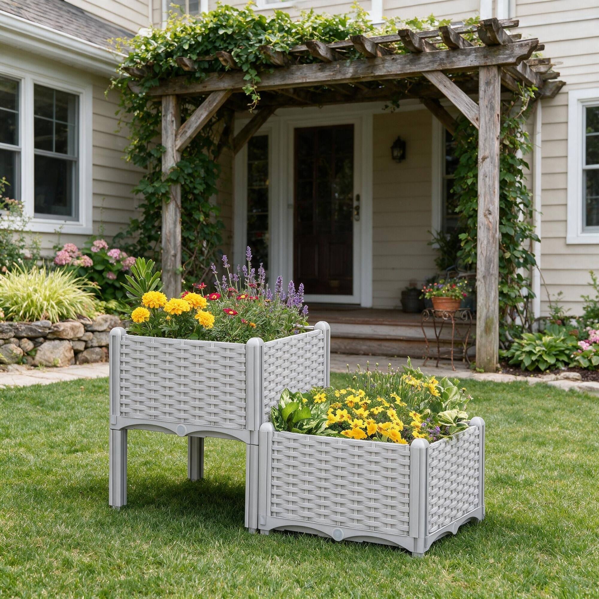 Alt View 1. RYHNUYNE - Outsunny Raised Garden Bed with Legs, Self-Watering Planter Box, Polypropylene Rattan, Gray, Modular Set for Patio - Gray.
