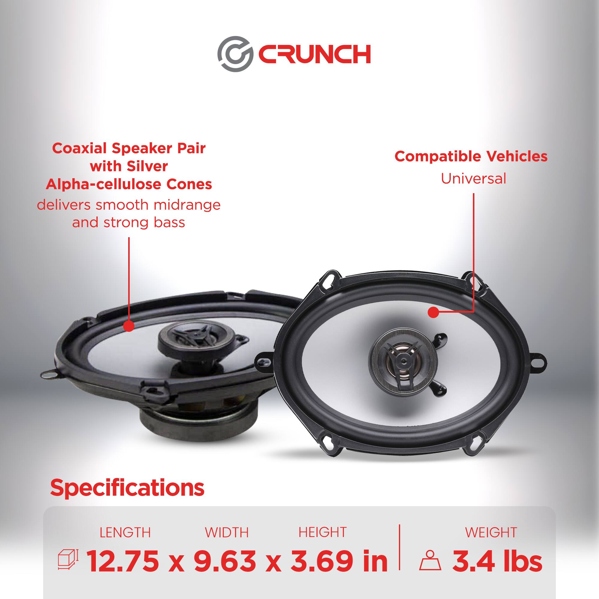 CRUNCH Coaxial Speaker Pair with Silver Alpha-cellulose Cones delivers smooth midrange and strong bass

Compatible Vehicles: Universal

Specifications:
- LENGTH: 12.75 in
- WIDTH: 9.63 in
- HEIGHT: 3.69 in
- WEIGHT: 3.4 lbs