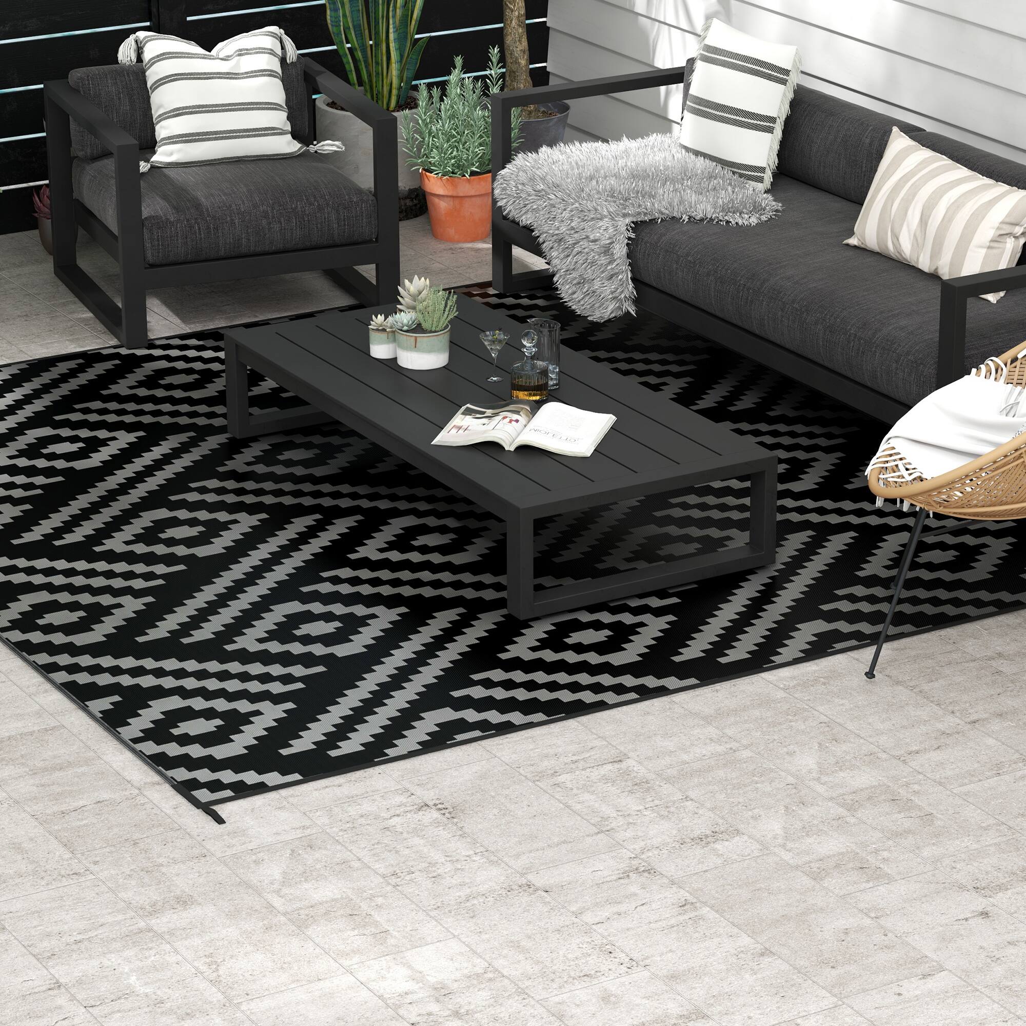 Alt View 1. Outsunny - Outdoor Rug for Patio, 8' x 10' Waterproof Large Mat, Reversible Plastic Straw Rug for Décor - Black and Gray Geometric.