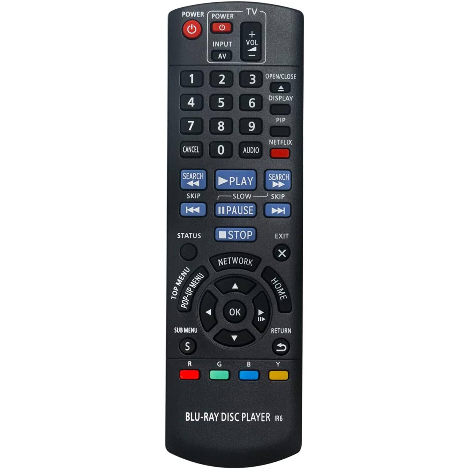 POWER  
POWER  
INPUT  
AV  
1  
2  
3  
4  
5  
6  
7  
8  
9  
0  
TV  
VOL  
OPEN/CLOSE  
DISPLAY  
PIP  
NETFLIX  
AUDIO  
SEARCH  
PLAY  
SLOW  
PAUSE  
SKIP  
STATUS  
STOP  
EXIT  
NETWORK  
MENU  
TOP MENU  
POP-UP MENU  
SUB MENU  
RETURN  
OK  
HOME  
S  
R  
G  
C PLAYER  
IR6  
BLU-RAY DISC PLAYER