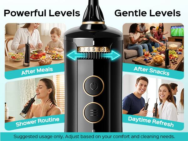 Powerful Levels Gentle Levels 8765432 8 7 6 5 4 3 2 Meals After Meals Snacks Routine Daytime Shower Refresh Suggested usage only. Adjust based on your comfort and cleaning needs.