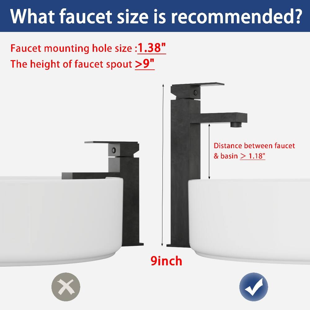 What faucet size is recommended?

Faucet mounting hole size: 1.38"
The height of faucet spout >9"
Distance between faucet & basin > 1.18"

9inch