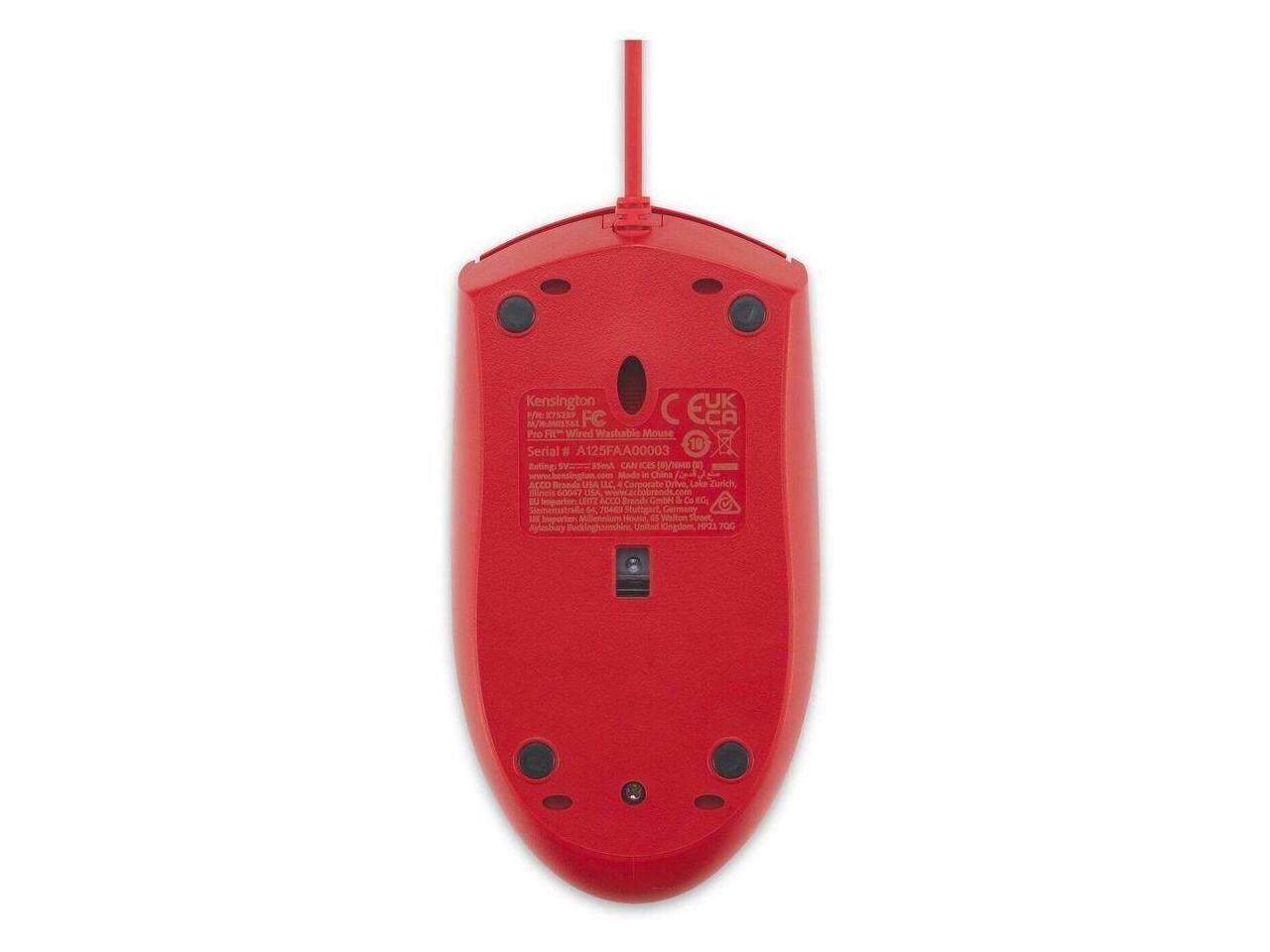 Kensington  
Pro FIT™ Wired Washable Mouse  
Serial # A125FAA00003  
Rating: SV  
CE UK  
FC  
CA  
NMS  

Made in China  

ACCO Brands USA LLC, Corporate Drive, Lake Zurich, IL 60047 USA  
ACCO Brands GmbH, Isenheimer Str. 6, 70327 Stuttgart, Germany  
ACCO Brands Limited, Unit 1, The Old Foundry, Walton Street, Aylesbury, Buckinghamshire, HP18 9JG, United Kingdom
