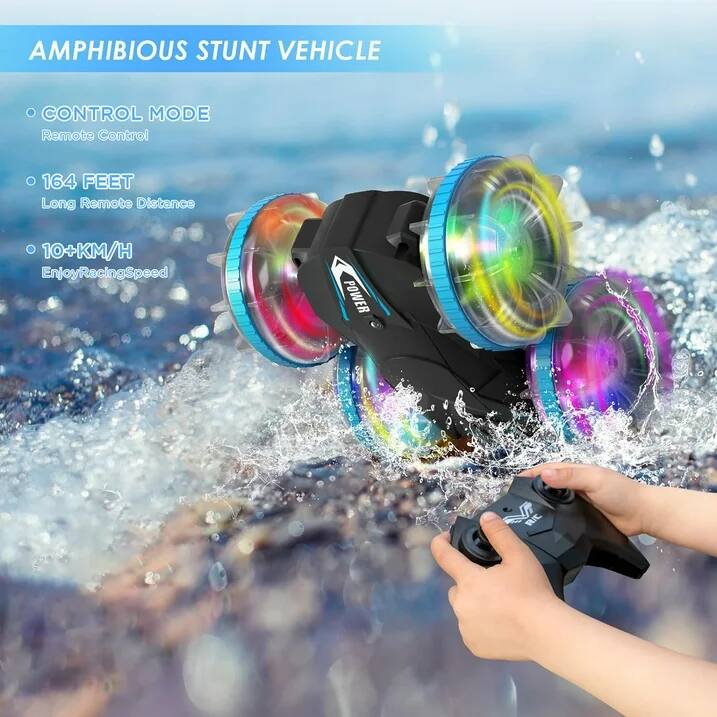 AMPHIBIOUS STUNT VEHICLE

- CONTROL MODE
  Remote Control

- 164 FEET
  Long Remote Distance

- 10+KM/H
  Enjoy Racing Speed