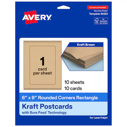 Go to avery.com/templates
Use Avery Presta™ Template 95353
MX
FSC® C007276
Kraft Brown
1 card per sheet
10 sheets
10 cards
6" x 9" Rounded Corners Rectangle Kraft Postcards with Sure Feed™ Technology for Laser/Inkjet