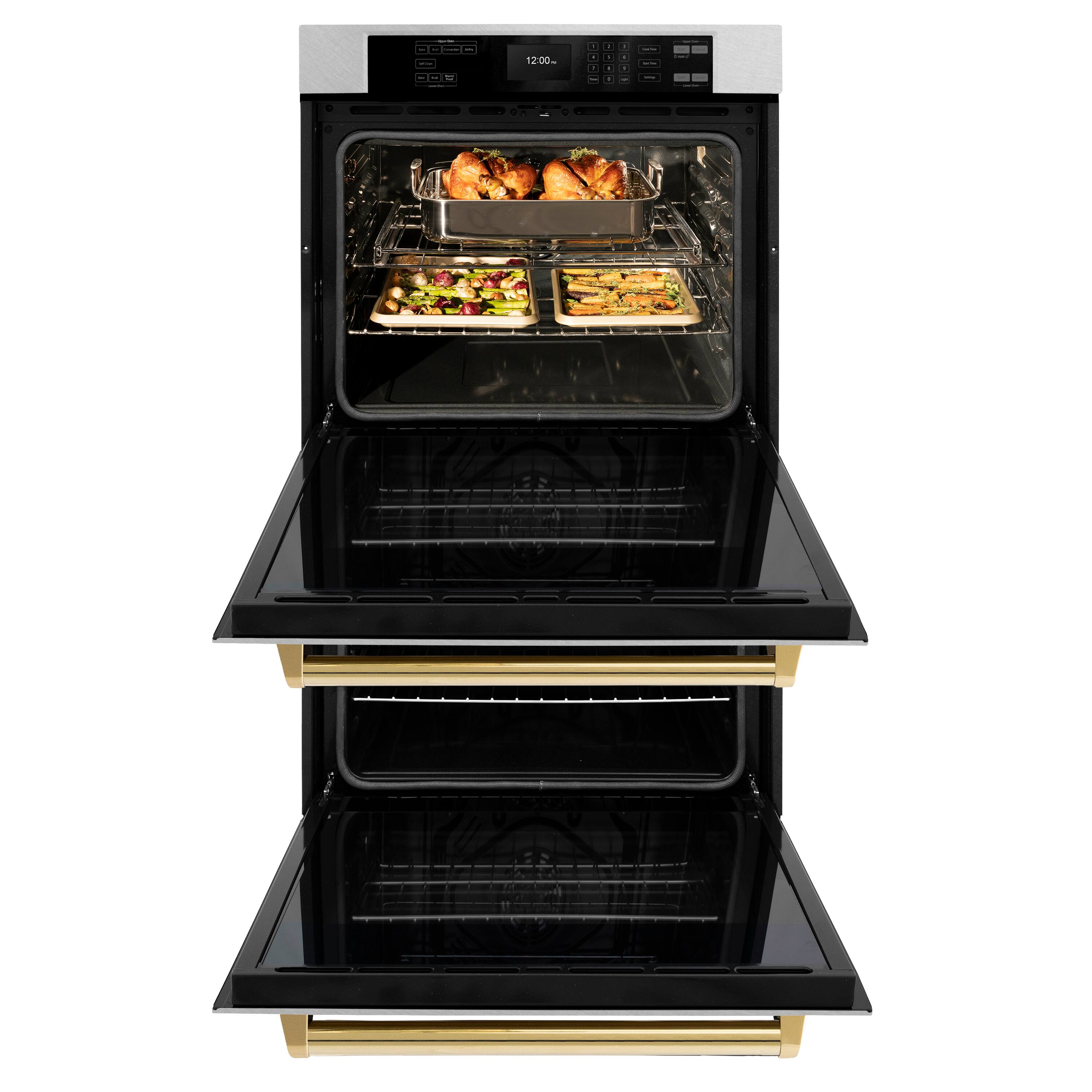 Angle. ZLINE - ZLINE 30 in. Autograph Double Wall Oven w/ Air Fry in Satin Steel w/ Gold Handles - Satin Stainless Steel.