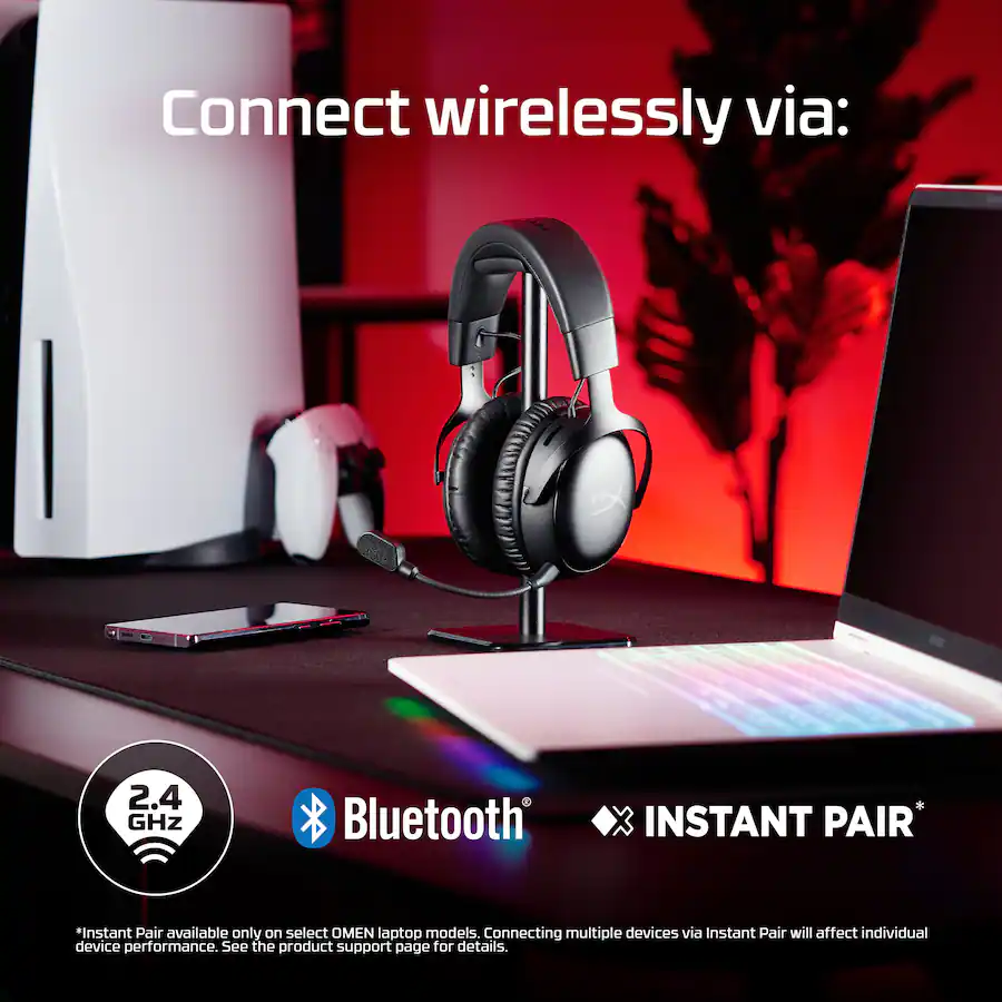 Connect wirelessly via: 2.4 GHz Bluetooth INSTANT PAIR. Instant Pair is available only on select OMEN laptop models. Connecting multiple devices via Instant Pair will affect individual device performance. See the product support page for details.