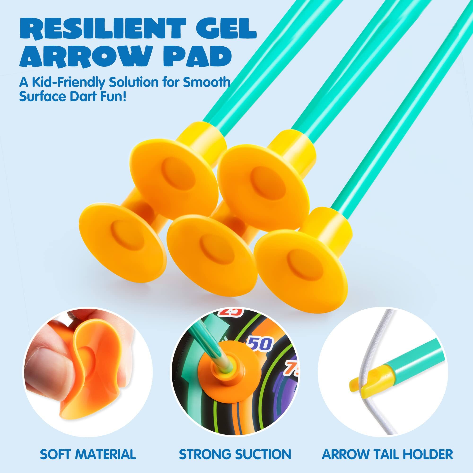 RESILIENT GEL ARROW PAD  
A Kid-Friendly Solution for Smooth Surface Dart Fun!  

2J 50 7:  
SOFT MATERIAL  
STRONG SUCTION  
ARROW TAIL HOLDER