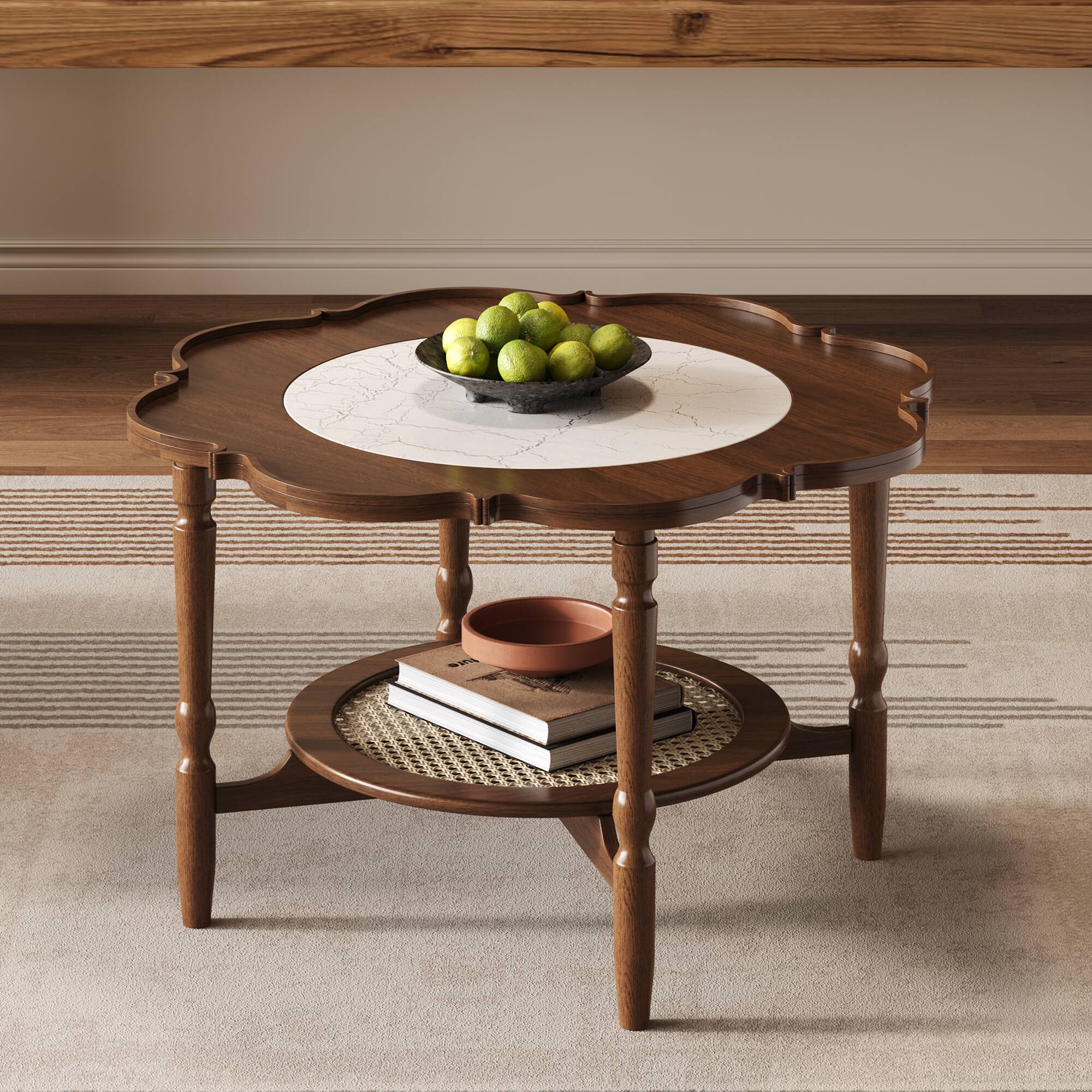Alt View 1. Ecooso - Mid-Century Coffee Table with Petal Shape, Crackle Glass Top, 2-Tier Rattan Storage, 31.5" - Walnut.