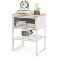 Costway 1 PCS Home Nightstand 3-Tier Storage Table with Open Shelf Heavy-duty Metal Frame - White - Front_Zoom