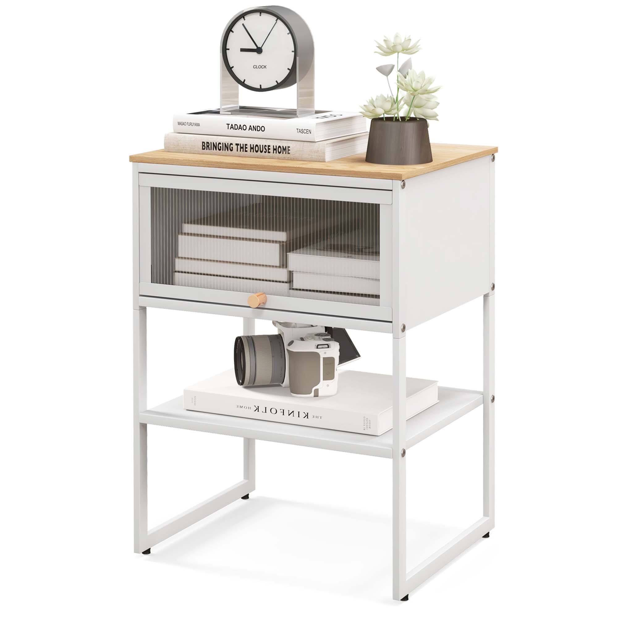 Costway - 1 PCS Home Nightstand 3-Tier Storage Table with Open Shelf Heavy-duty Metal Frame - White