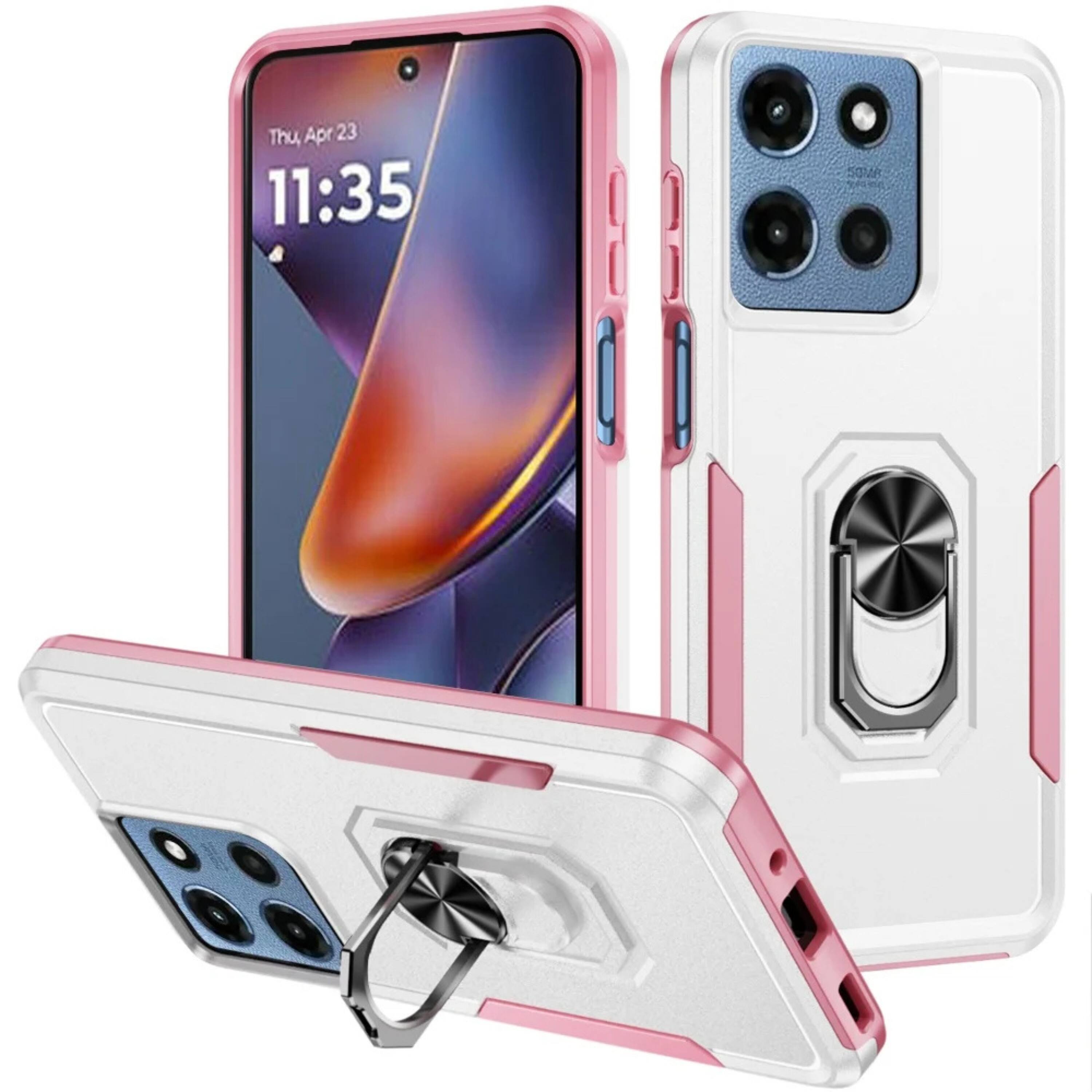 Kitcheniva - Hard Outer Shell Soft Inner Rubber Phone Case With Metal Ring Stand Tempered Glass For Moto G 2025/2026/ Play 2026 - White