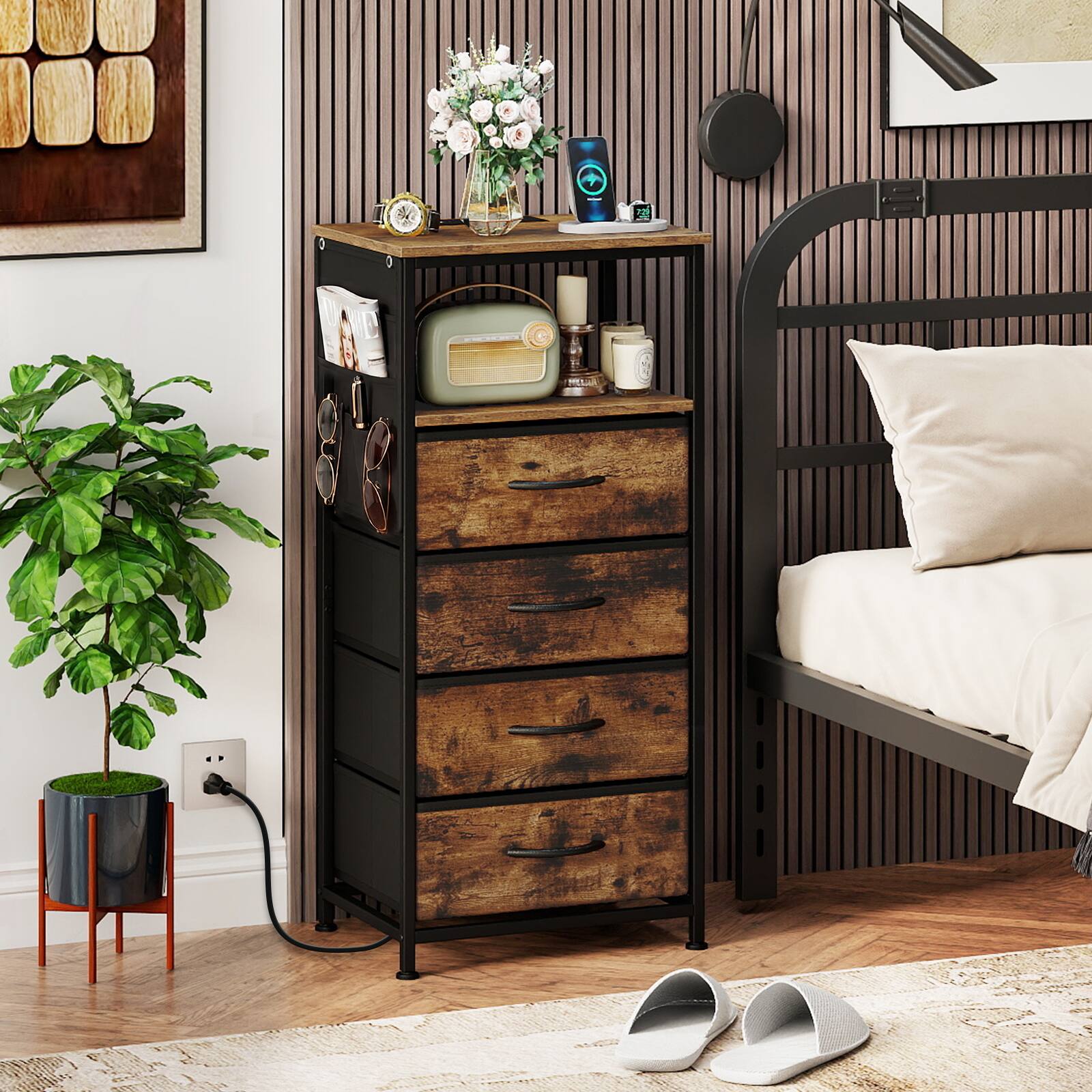 Alt View 3. Costway - Costway 2 Pcs Nightstand with Integrated Charging Station, Modern Bedside Table with 4 Fabric Drawers - Rustic Brown + Black.