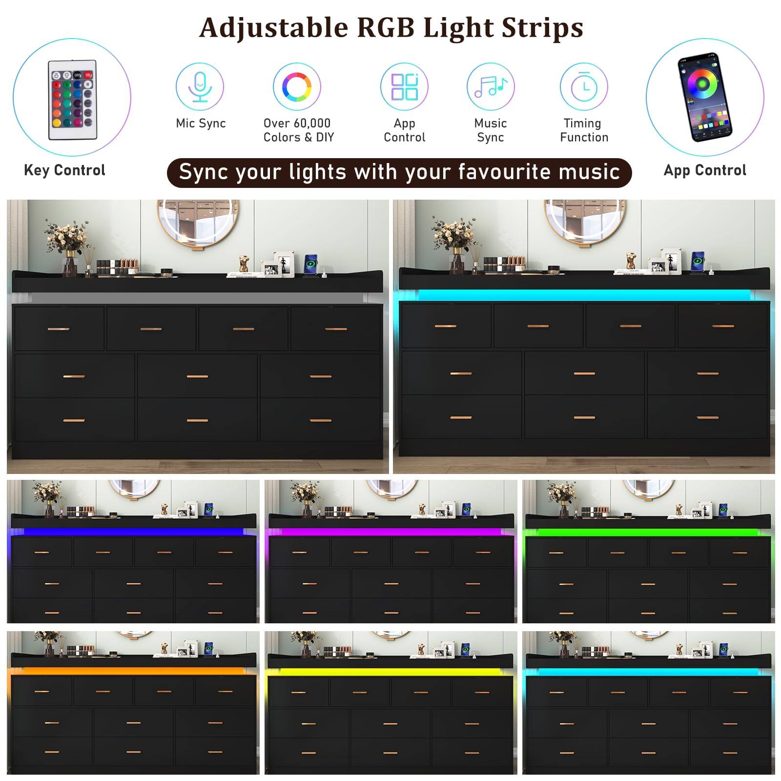 Adjustable RGB Light Strips

- Mic Sync
- Over 60,000 Colors & DIY
- App Control
- Music Sync
- Timing Function

Key Control

Sync your lights with your favourite music

App Control