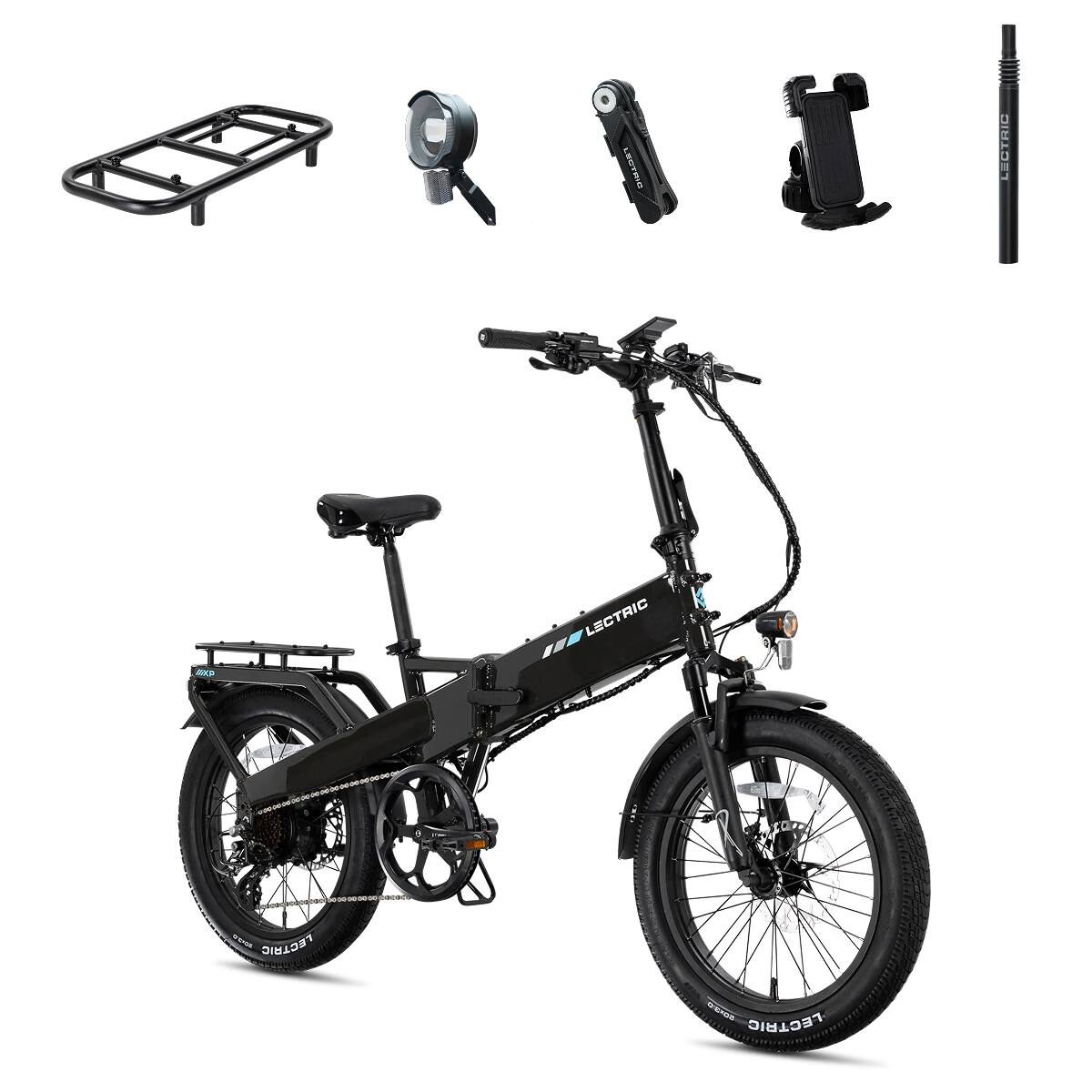 Lectric eBikes - XP4 750 Step-Over Foldable Long-Range eBike (Max 85mi/28mph) + LevelUp Rack/Seat Post/Elite Headlight/Lock/Phone Mount - Tempest Grey
