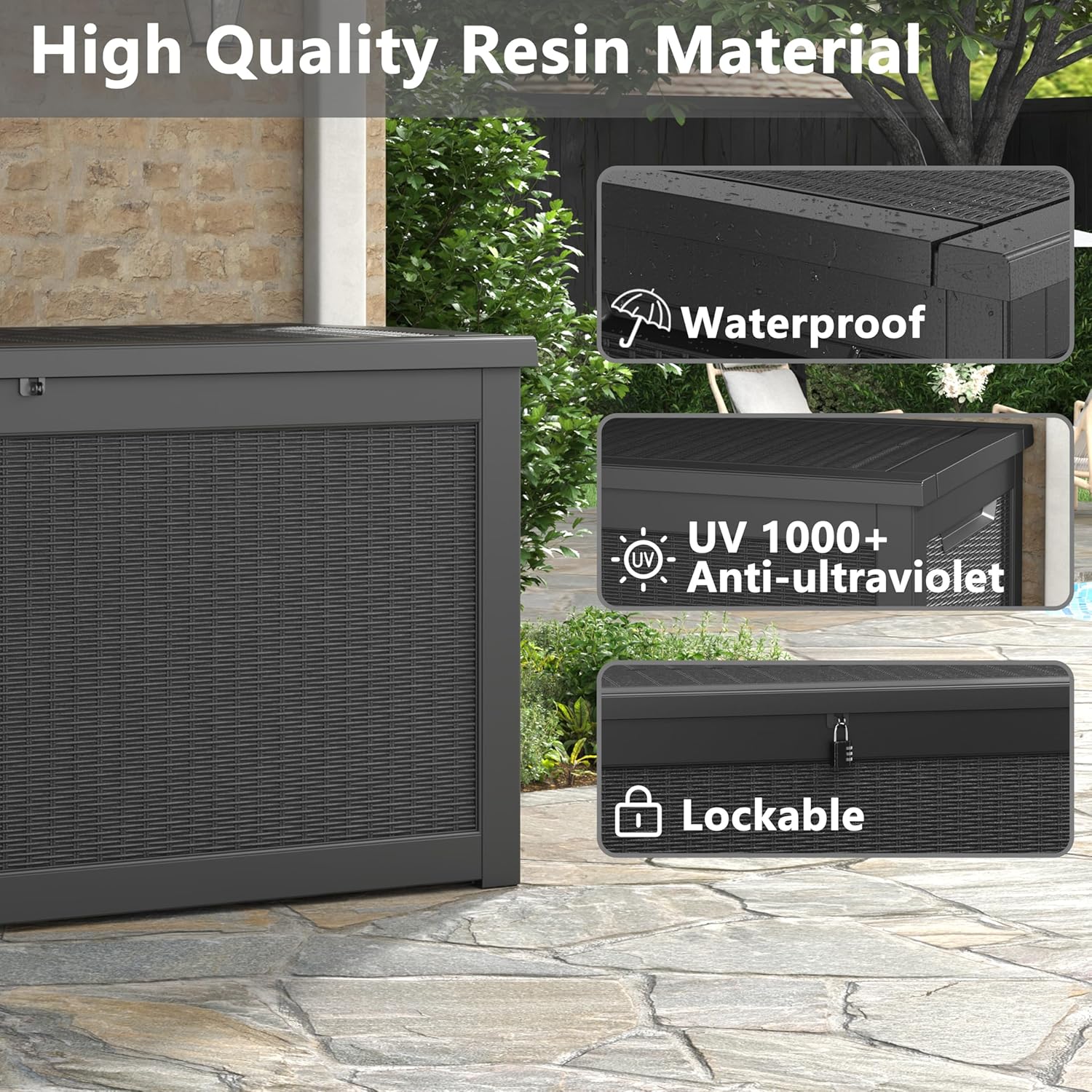 High Quality Resin Material  
Waterproof  
UV 1000+  
Anti-ultraviolet  
Lockable