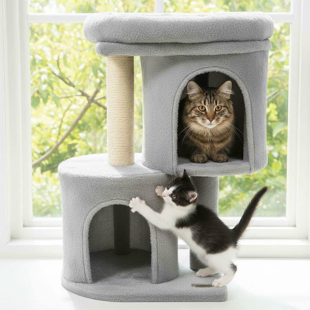 Alt View 1. Kadyn - 26-Inch Compact Cat Tower with Large Padded Perch and Two Condos, Light Gray - Gray.