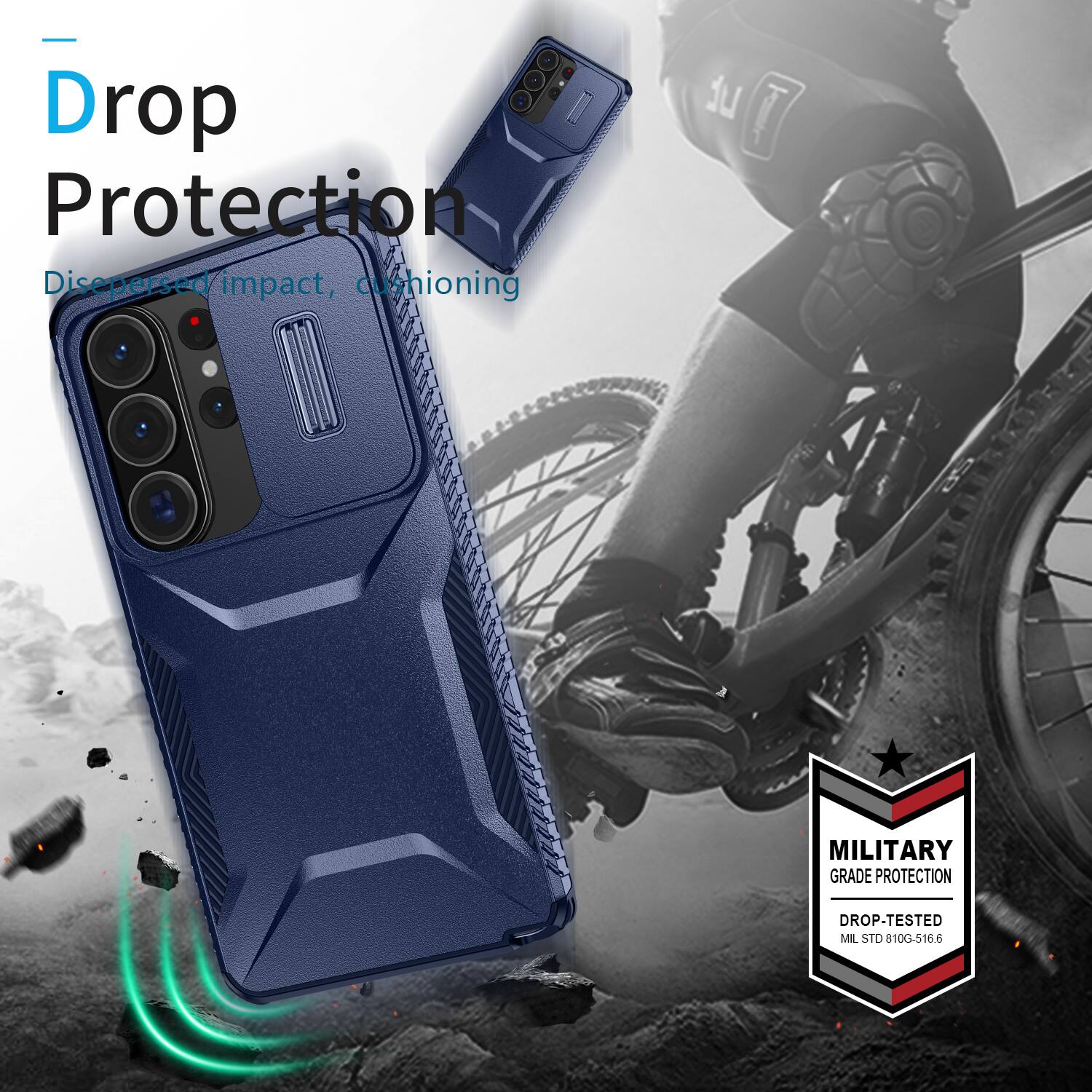 - Drop Protection Dispersed impact, cushioning
14
MILITARY GRADE PROTECTION
DROP-TESTED MIL STD 810G-516.6