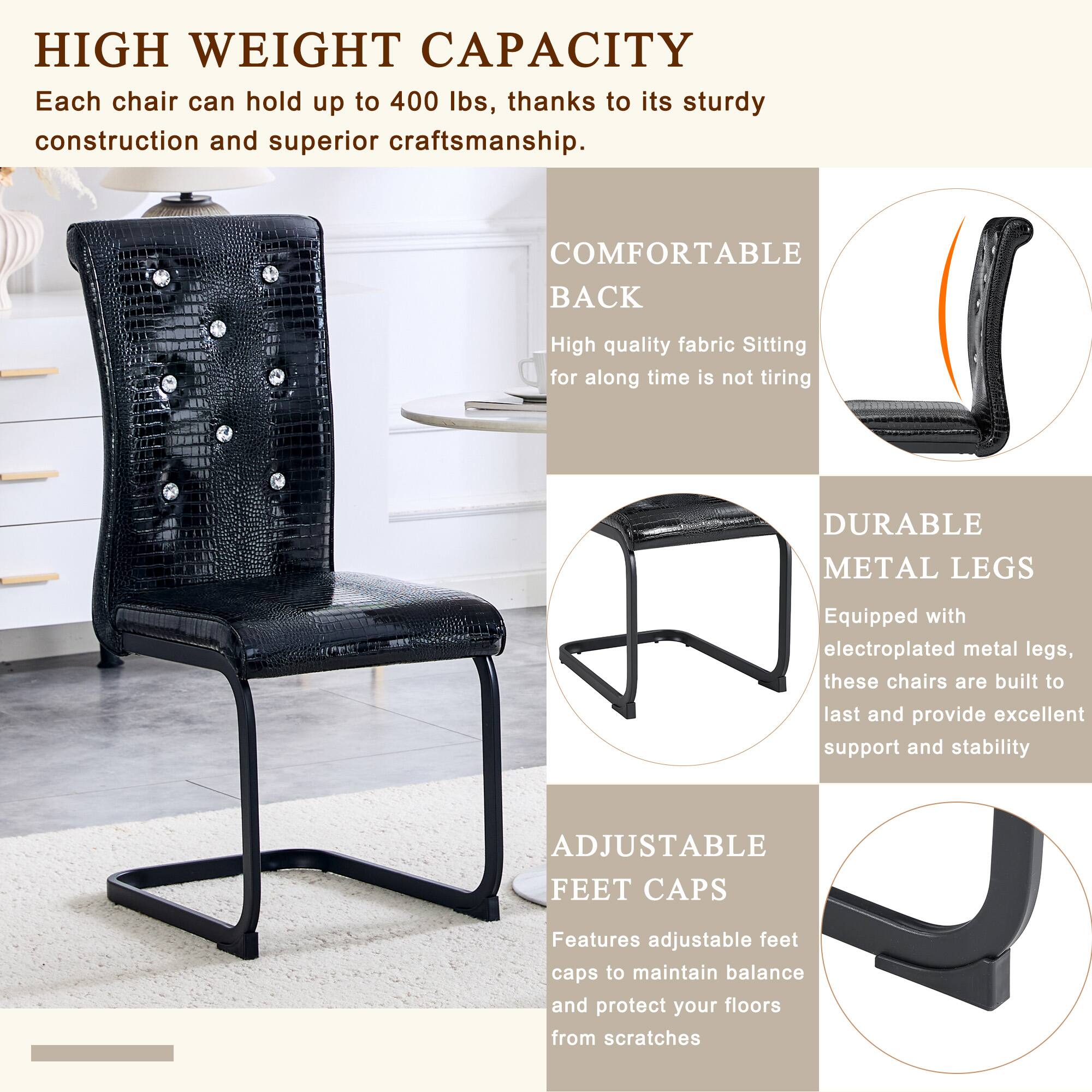 HIGH WEIGHT CAPACITY  
Each chair can hold up to 400 lbs, thanks to its sturdy construction and superior craftsmanship.

COMFORTABLE BACK  
High quality fabric. Sitting for a long time is not tiring.

DURABLE METAL LEGS  
Equipped with electroplated metal legs, these chairs are built to last and provide excellent support and stability.

ADJUSTABLE FEET CAPS  
Features adjustable feet caps to maintain balance and protect your floors from scratches.