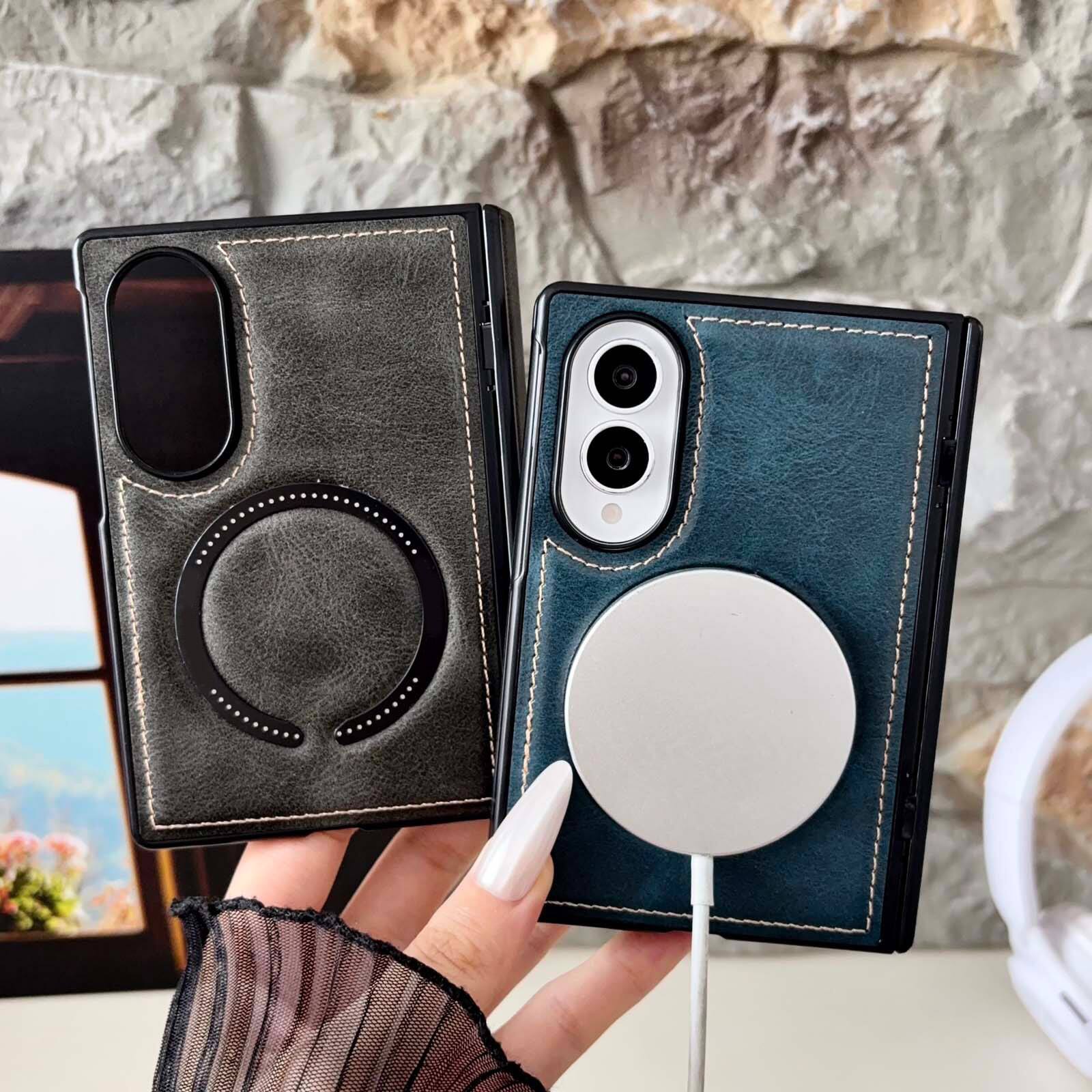 Angle. Dteck - Shockproof Magnetic Phone Case for Samsung Galaxy Z Fold8, Rigid Plastic Faux Leather Hinge Cover, Raised Lip Protection - Black.