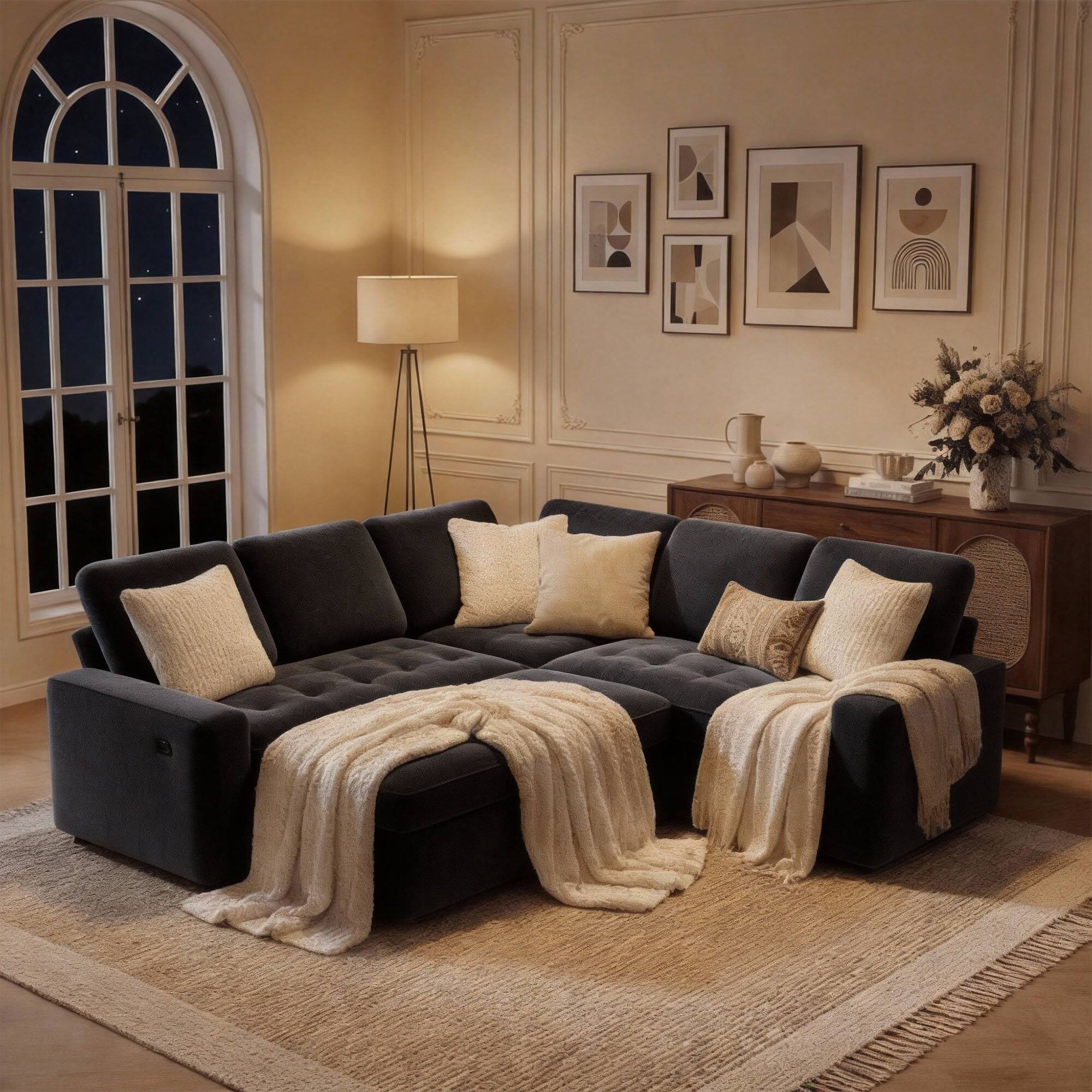 Alt View 1. Vipbear - 5 Seat L Shaped Modular Sectional Sleeper Sofa Bed with Pull Out Bed/Reclining Backrest/USB Ports/Storage Seat - Black.