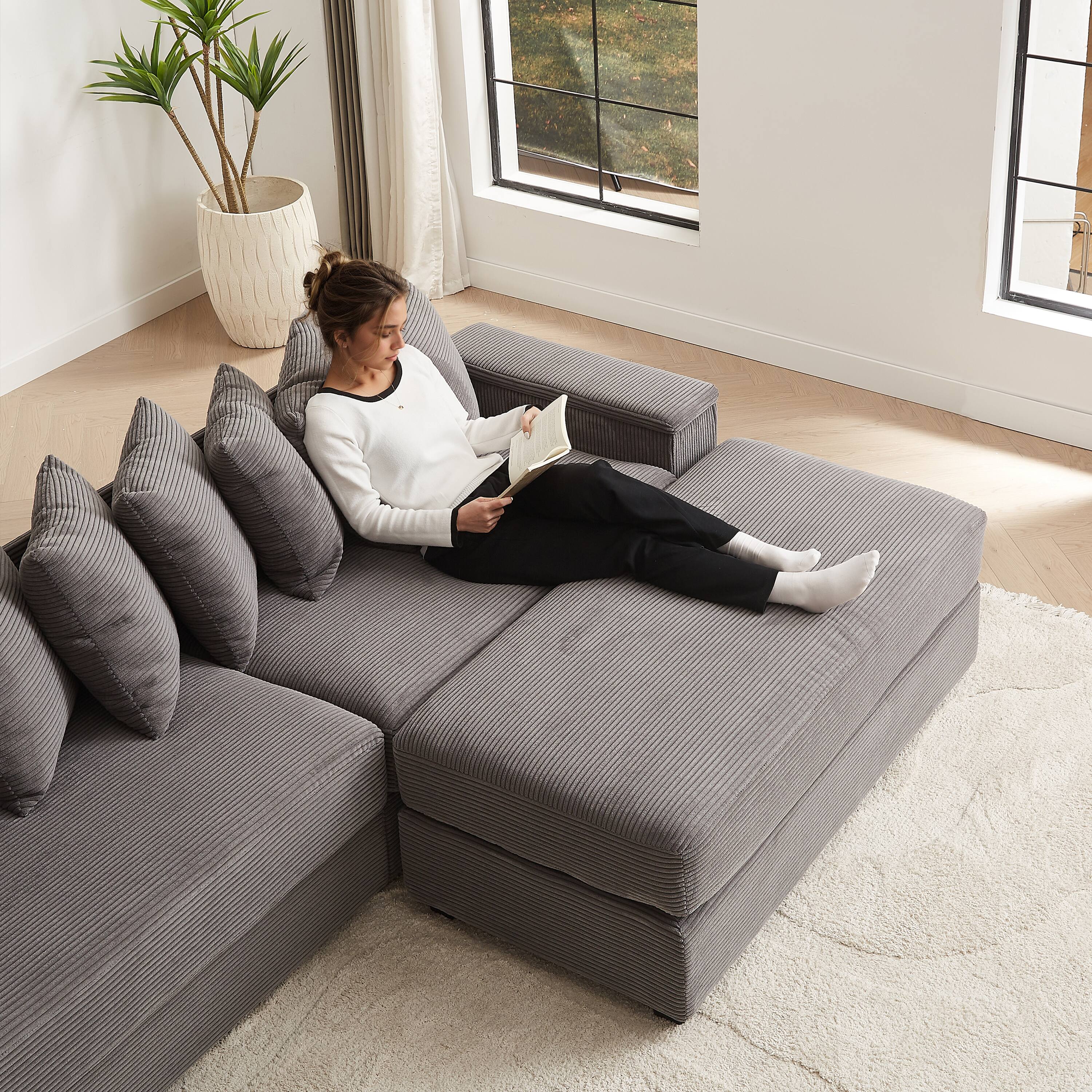 Angle. Tiramisubest - Oversized Corduroy Sofa Bed with Chaise,Comfy L Shaped Sectional Couches with 8 Pillows and Two Armrest storage space - Grey.