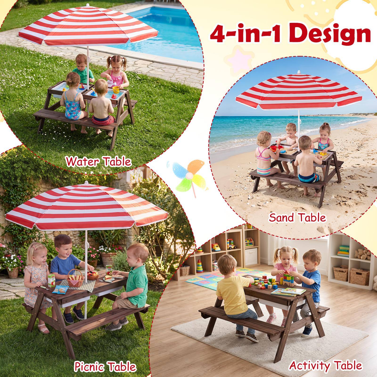 4-in-1 Design

Water Table

Sand Table

Picnic Table

Activity Table