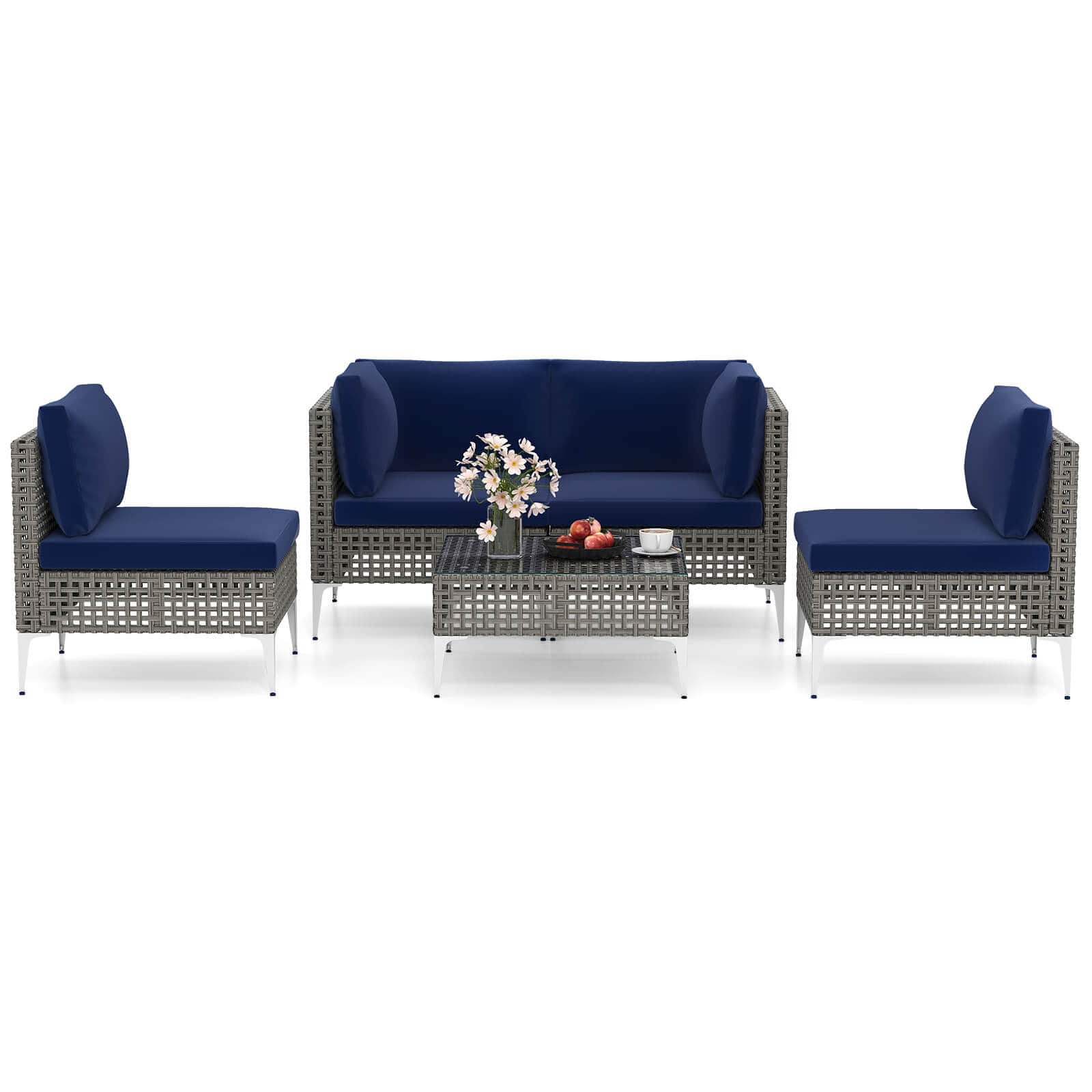 Costway - 5 PCS Outdoor Furniture Set with Seat & Back Cushions Tempered Glass Coffee Table - Navy price history on PriceWatchPro