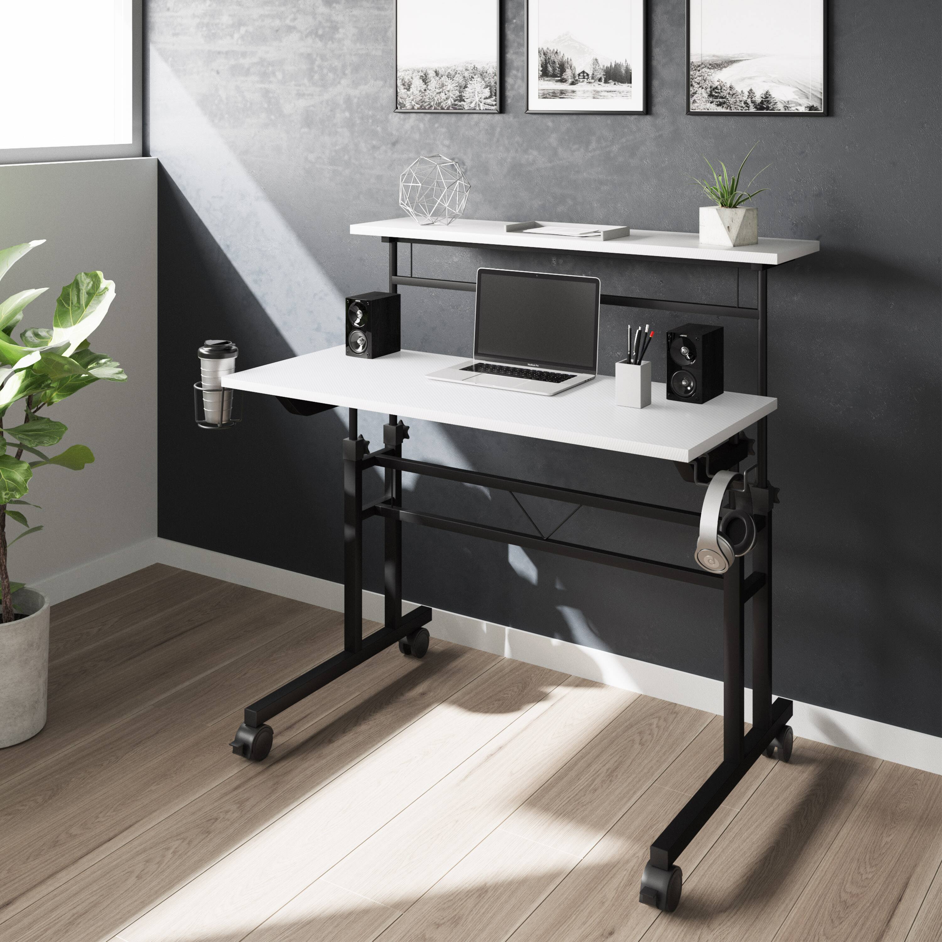 Angle. Spaco - Spaco Rolling Writing Desk with Height Adjustable Desktop and Moveable Shelf, for Home Office - White.