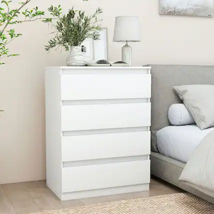 Front. Resenkos - Modern White Storage Dresser, Durable Chest with Effortless Sliding Drawers for Bedroom or Closet - White 4-Drawer.