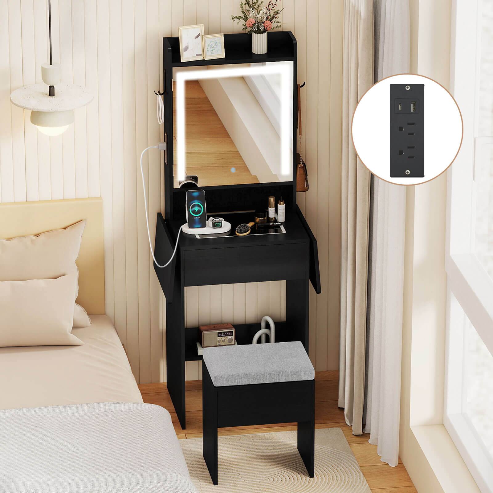 Alt View 1. Costway - Costway Vanity Desk with Mirror & Lights, Stool, 2 Drop Leaf Tables, Charging Station - Black.