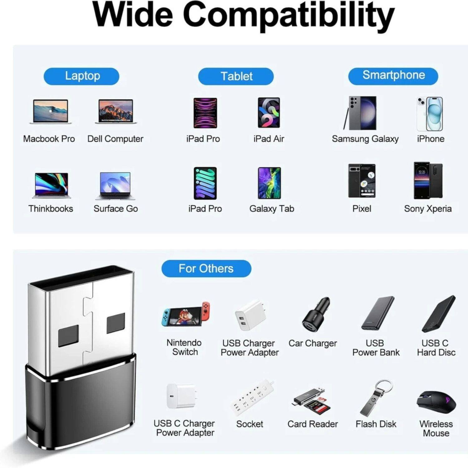 Wide Compatibility

**Laptop**
- Macbook Pro
- Dell Computer
- Thinkbooks
- Surface Go

**Tablet**
- iPad Pro
- iPad Air
- Galaxy Tab

**Smartphone**
- Samsung Galaxy
- iPhone
- Pixel
- Sony Xperia

**For Others**
- Nintendo Switch
- USB C Charger Power Adapter
- Car Charger
- USB Power Bank
- USB C Hard Disc
- USB C Charger Power Adapter
- Socket
- Card Reader
- Flash Disk
- Wireless Mouse