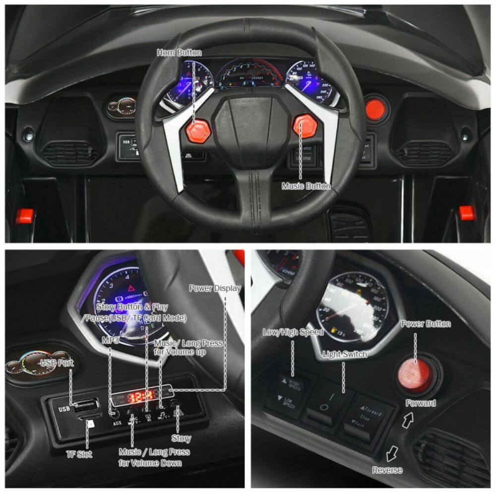 Power Display Story Button & Play / Pause(USB/TF Card Mode) MP3 Music/Long Press for Volume up
USB
TF Slot
Music/Long Press for Volume Down
Low/High Speed
Light Switch
Forward
Reverse
Power Button