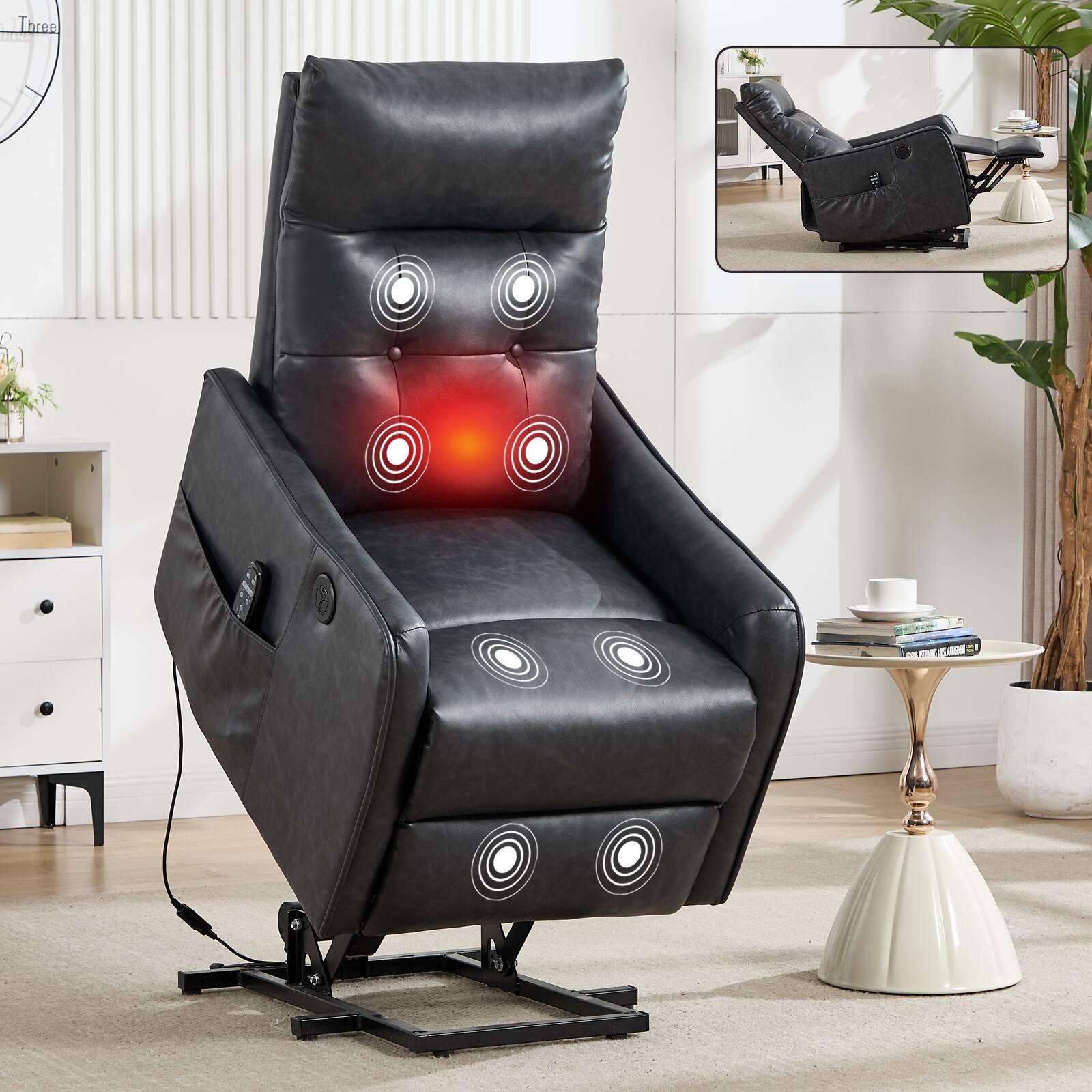 Angle. LUCKY ONE - Faux Leather Single Motor Power Lift Recliner Chair with Massage, Heat & USB Charging - Grey.