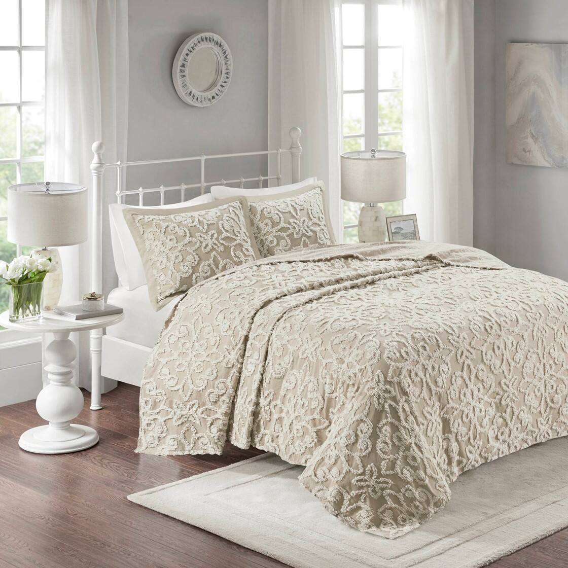 Alt View 1. Gracie Mills - Gracie Mills Eldridge 3-Piece Tufted Chenille Floral Medallion Bedspread Set - Taupe.