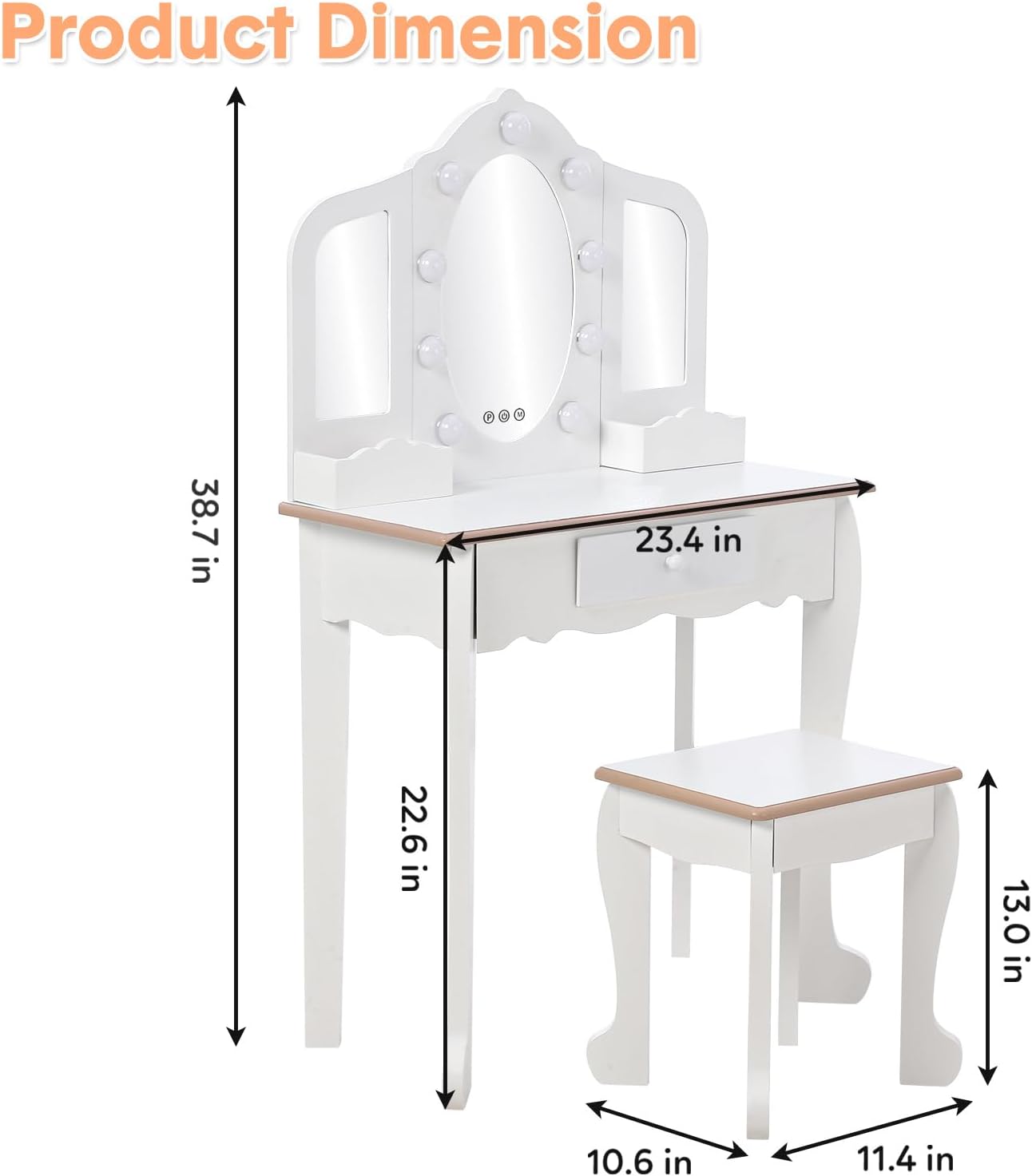 Product Dimension  
- Height: 38.7 in  
- Width: 23.4 in  
- Depth: 22.6 in  
- Seat Height: 13.0 in  
- Seat Width: 11.4 in  
- Seat Depth: 10.6 in
