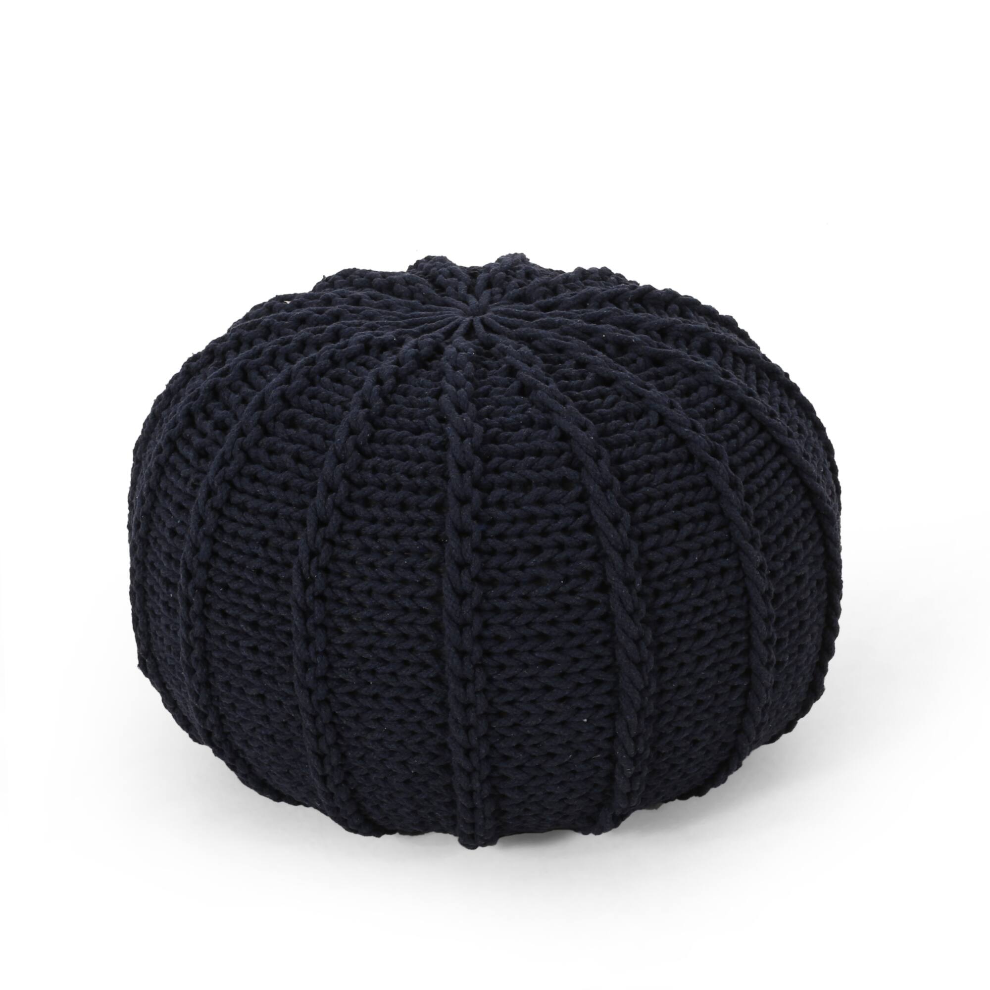 Angle. GOODSILO - Knitted Cotton Round Pouf Ottoman Floor Cushion Stylish Home Decor Accessory - Dark Blue.