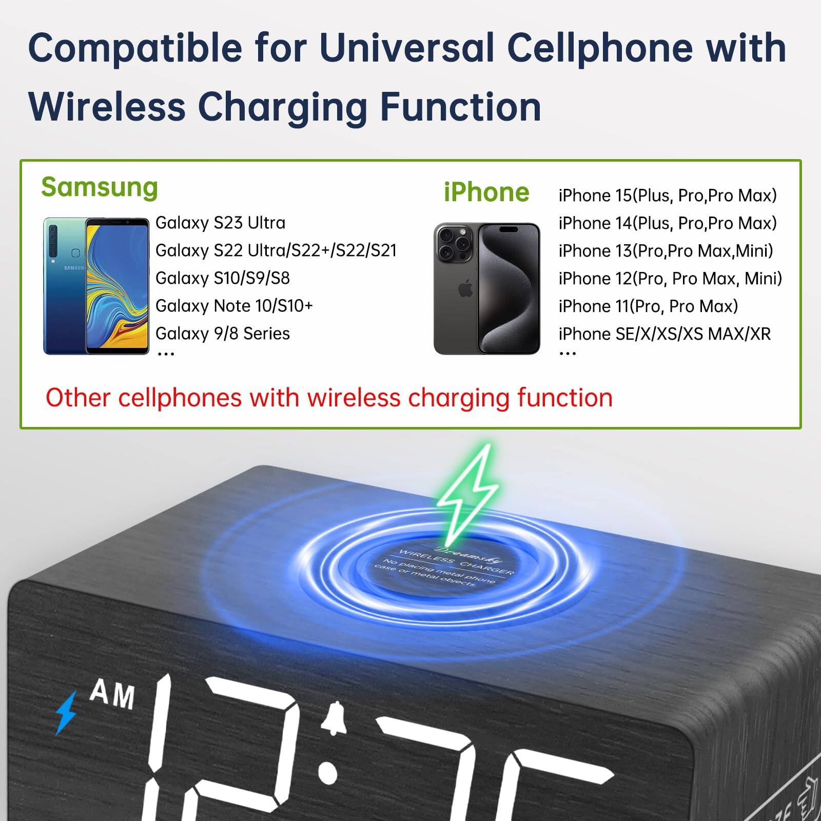 Compatible for Universal Cellphone with Wireless Charging Function

**Samsung**
- Galaxy S23 Ultra
- Galaxy S22 Ultra/S22+/S22/S21
- Galaxy S10/S9/S8
- Galaxy Note 10/S10+
- Galaxy 9/8 Series

**iPhone**
- iPhone 15(Plus, Pro, Pro Max)
- iPhone 14(Plus, Pro, Pro Max)
- iPhone 13(Pro, Pro Max, Mini)
- iPhone 12(Pro, Pro Max, Mini)
- iPhone 11(Pro, Pro Max)
- iPhone SE/X/XS/XS MAX/XR

Other cellphones with wireless charging function