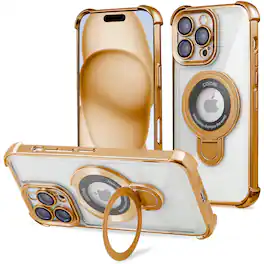 Entronix - Magnetic Case for iPhone 16 Pro - Clear Back Luxury Glossy Gripstand - Gold