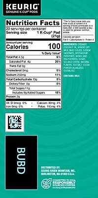 KEURIG GENUINE K-CUP PODS

Nutrition Facts
20 servings per container
Serving size 1 K-Cup® Pod (21g)

Amount per serving
Calories 100

% Daily Value*
Total Fat 4g 6%
  Saturated Fat 4g 20%
  Trans Fat 0g
Cholesterol 0mg 0%
Sodium 250mg 11%
Total Carbohydrate 13g 5%
  Dietary Fiber 0g 0%
  Total Sugars 11g
    Includes 9g Added Sugars 18%
Protein 2g

Vitamin D 0mcg 0%
Calcium 40mg 4%
Iron 0mg 0%
Potassium 145mg 4%

INGREDIENTS: COFFEE, COCONUT OIL, SUGAR, NATURAL FLAVORS, SALT, SUCRALOSE, COCOA, COCOA POWDER, COCOA BUTTER, COCOA LIQUOR, COCOA POWDER, COCOA BUTTER, COCOA LIQUOR, COCO