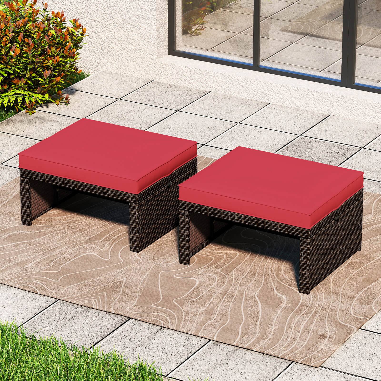 Alt View 1. Costway - Costway 2 PCS Patio PE Rattan Ottomans with Soft Zippered Cushions for Deck Outdoor Red - Red.