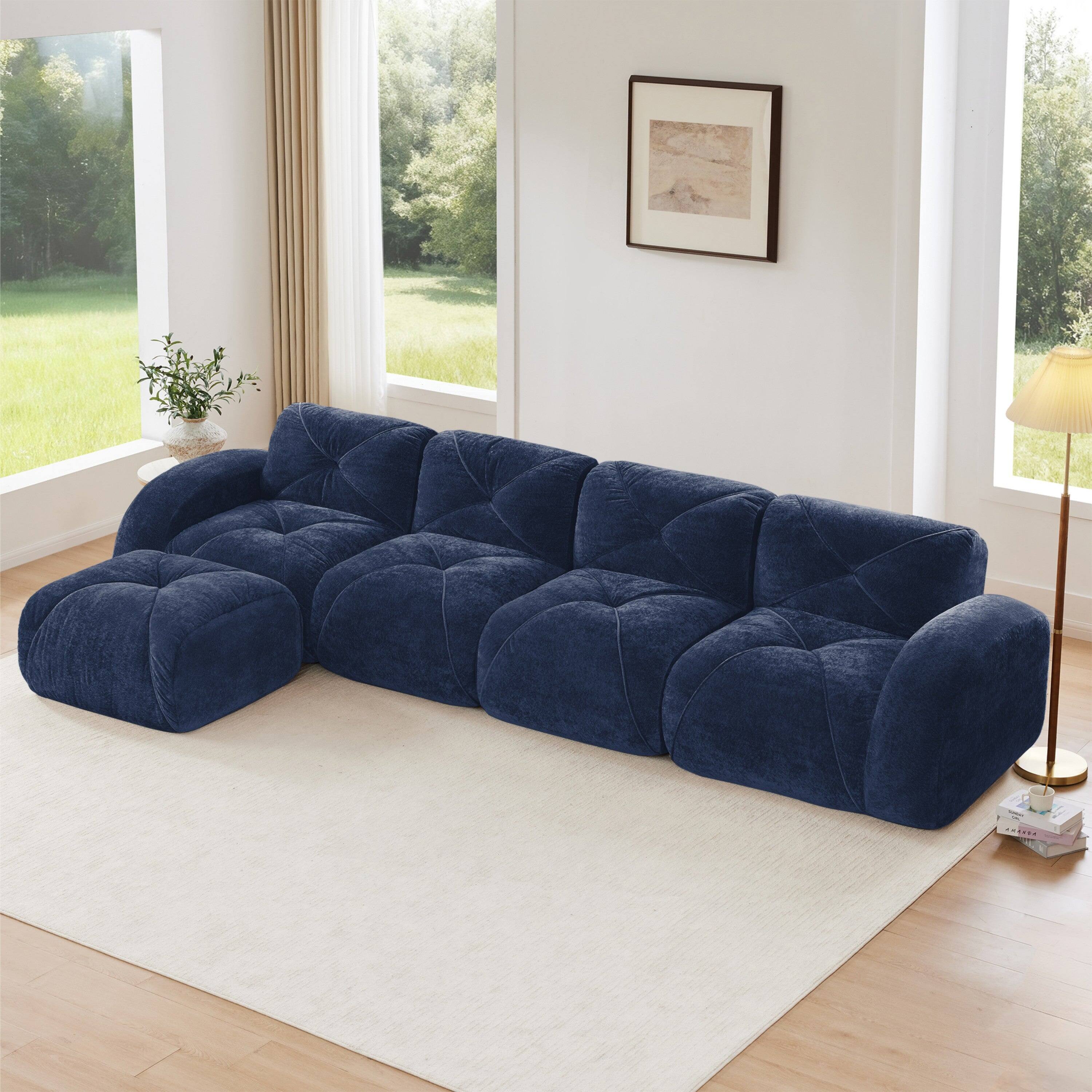 Alt View 2. Boyel Living - L Shaped Velvet Tufted Sofa Movable Ottoman 32D HD Sponge Ergonomic Anti Slip Free Combo No Assembly Living Room Blue - Blue.