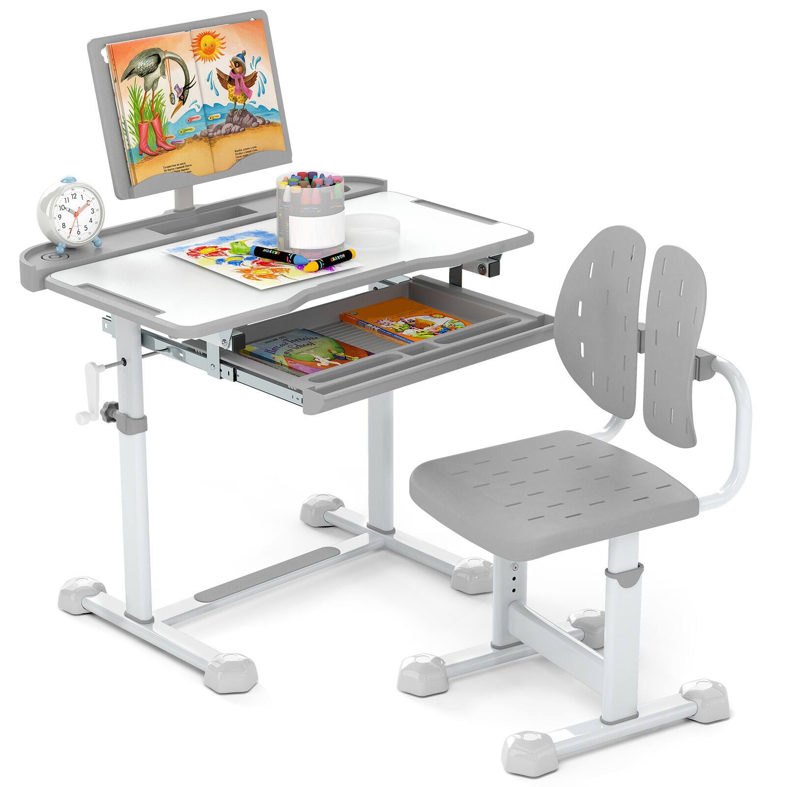 Front. Gymax - Gymax Kid's Study Desk & Chair Set w/Tilt Desktop Book Stand Footrest Bar for Toddlers Grey - Grey.