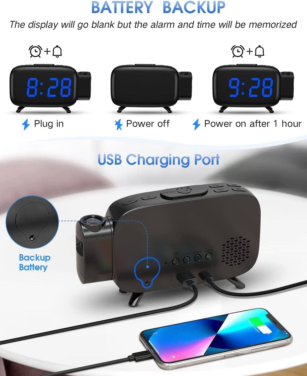 **BATTERY BACKUP**

The display will go blank but the alarm and time will be memorized

- **8:28**  
  Plug in

- **Power off**

- **9:28**  
  Power on after 1 hour

**USB Charging Port**

- Backup Battery