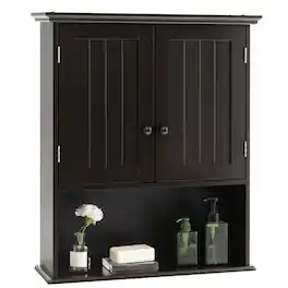 Costway - Wall Mount Bathroom Cabinet Wooden Medicine Cabinet Storage Organizer - Espresso