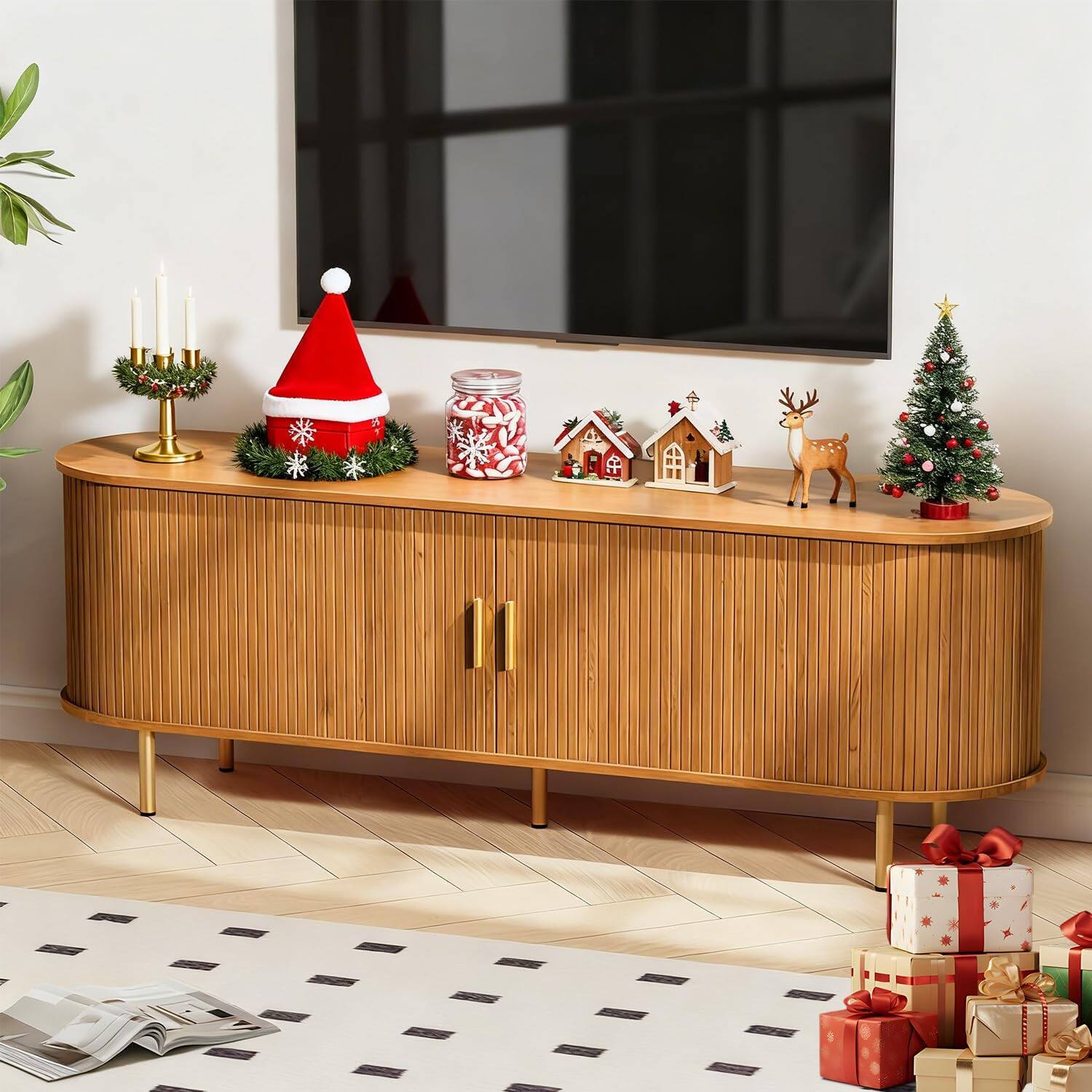 Front. Tiramisubest - 63"TV Stand with Power Outlet for TVs up to 70 Inch,Entertainment Center with Storage,Adjustable Shelves & Sliding Doors - Yellow Walnut.